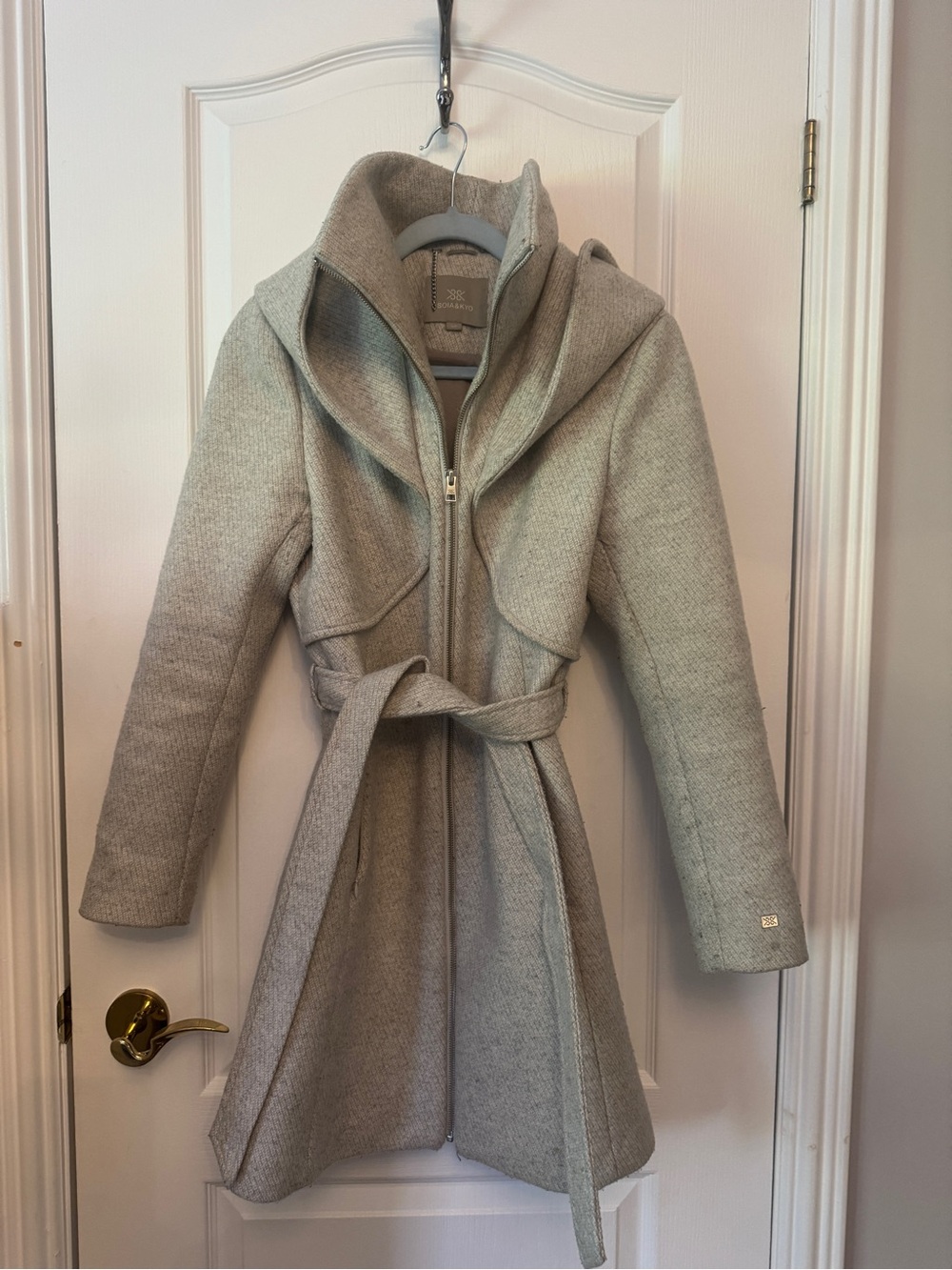 Soia & Kyo Hooded Wrap Wool Coat in Light Gray